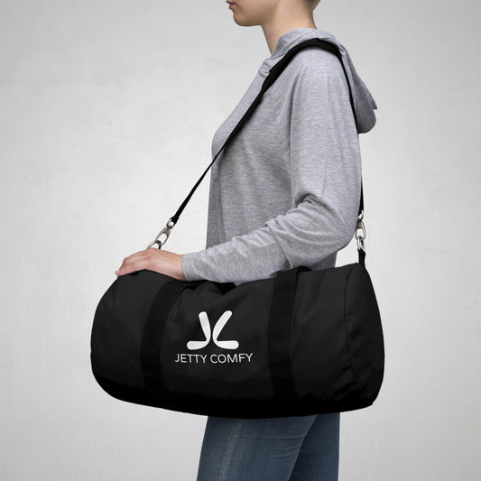 Jetty Comfy™ Signature Logo Black Duffel Bag – Durable, Minimalist & Travel-Ready
