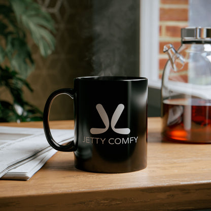 Jetty Comfy™ Signature Logo Black Coffee Mug – Glossy, Durable & Microwave-Safe (11oz & 15oz)