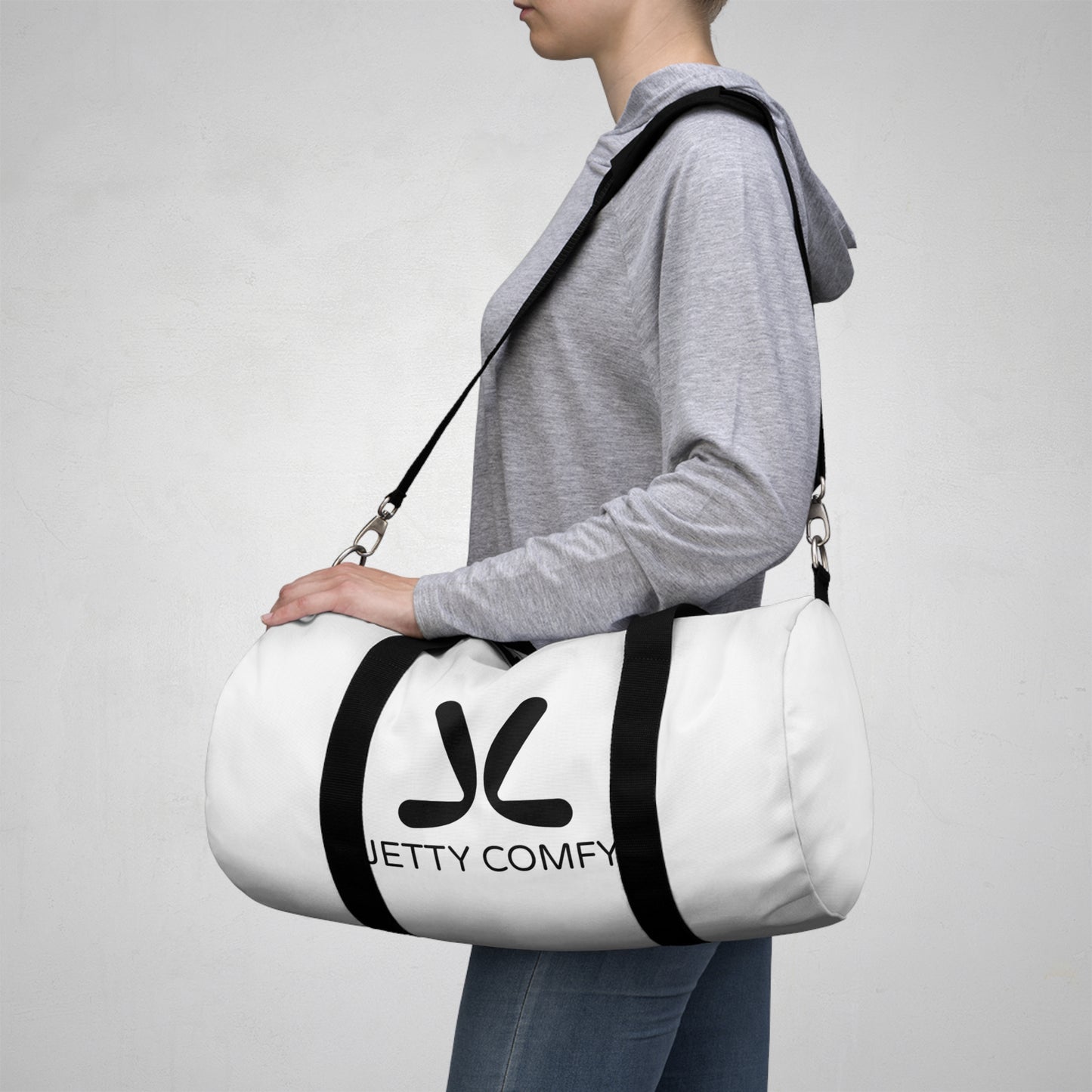 Jetty Comfy™ Signature Logo White Duffel Bag – Durable, Minimalist & Travel-Ready