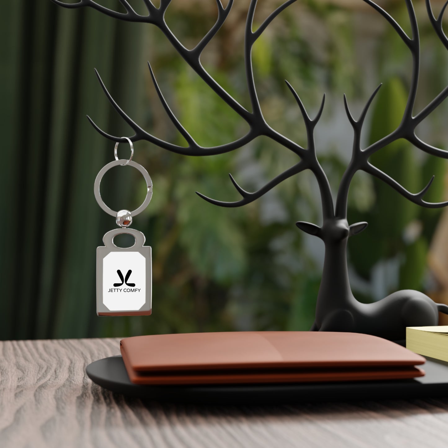 Jetty Comfy™ Rectangular Metal White Keychain – Glossy, Durable & Branded Style