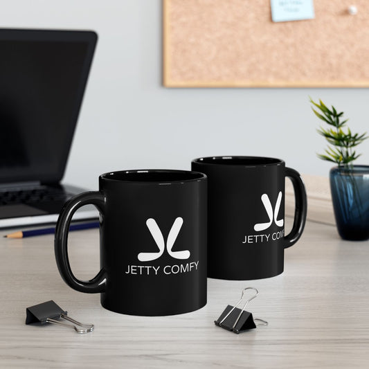Jetty Comfy™ Signature Logo Black Coffee Mug – Glossy, Durable & Microwave-Safe (11oz & 15oz)