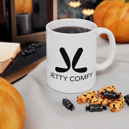 Jetty Comfy™ Signature Logo White Ceramic Mug – Glossy, Durable & Microwave-Safe (11oz & 15oz)