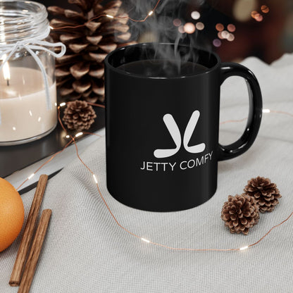 Jetty Comfy™ Signature Logo Black Coffee Mug – Glossy, Durable & Microwave-Safe (11oz & 15oz)