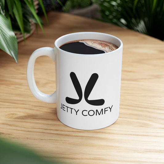 Jetty Comfy™ Signature Logo White Ceramic Mug – Glossy, Durable & Microwave-Safe (11oz & 15oz)
