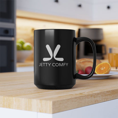Jetty Comfy™ Signature Logo Black Coffee Mug – Glossy, Durable & Microwave-Safe (11oz & 15oz)