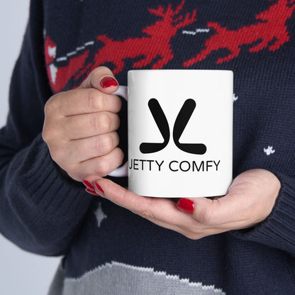 Jetty Comfy™ Signature Logo White Ceramic Mug – Glossy, Durable & Microwave-Safe (11oz & 15oz)